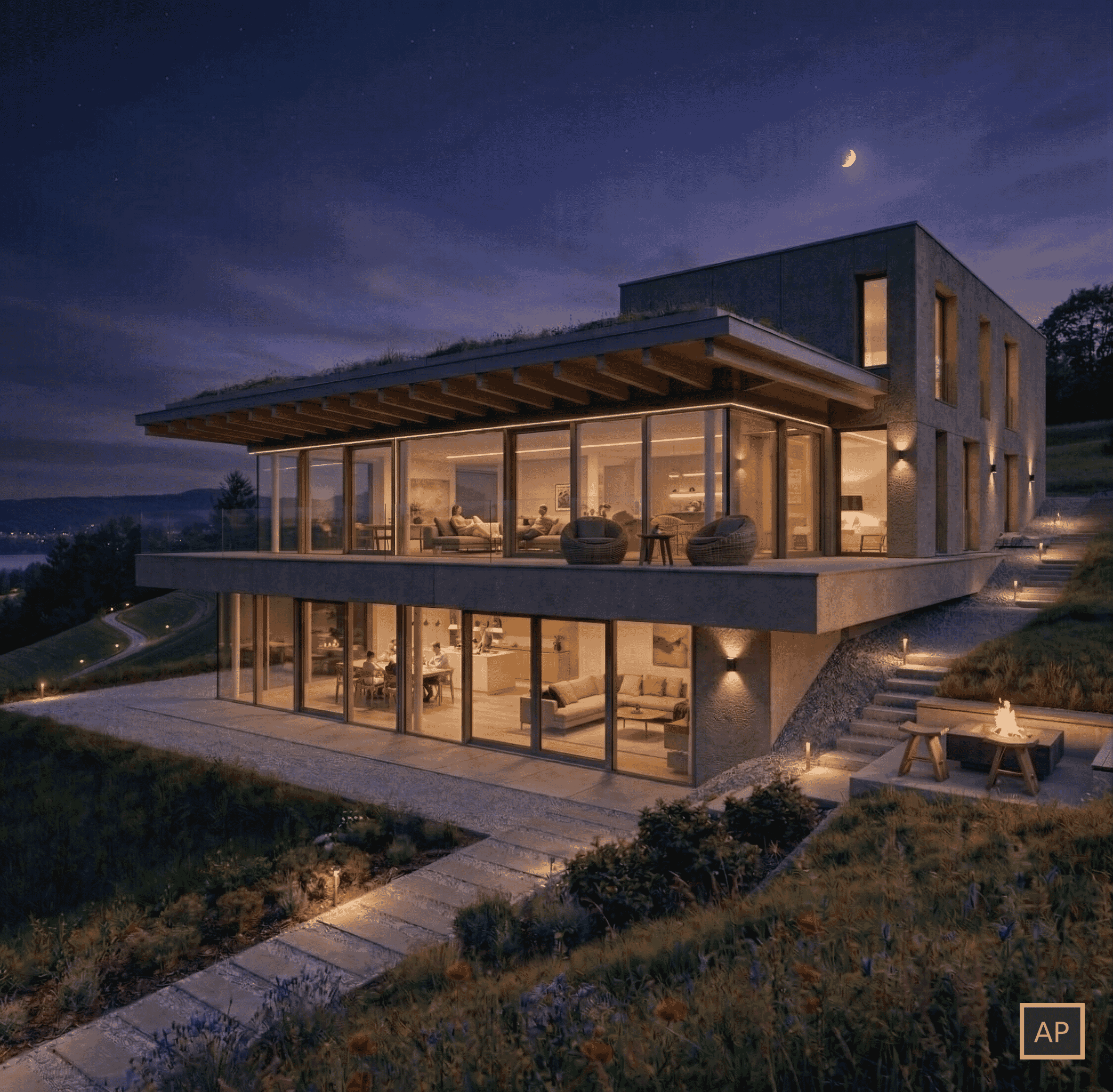 3D Architekturvisualisierung bei Nacht - Exterior Rendering Schweiz