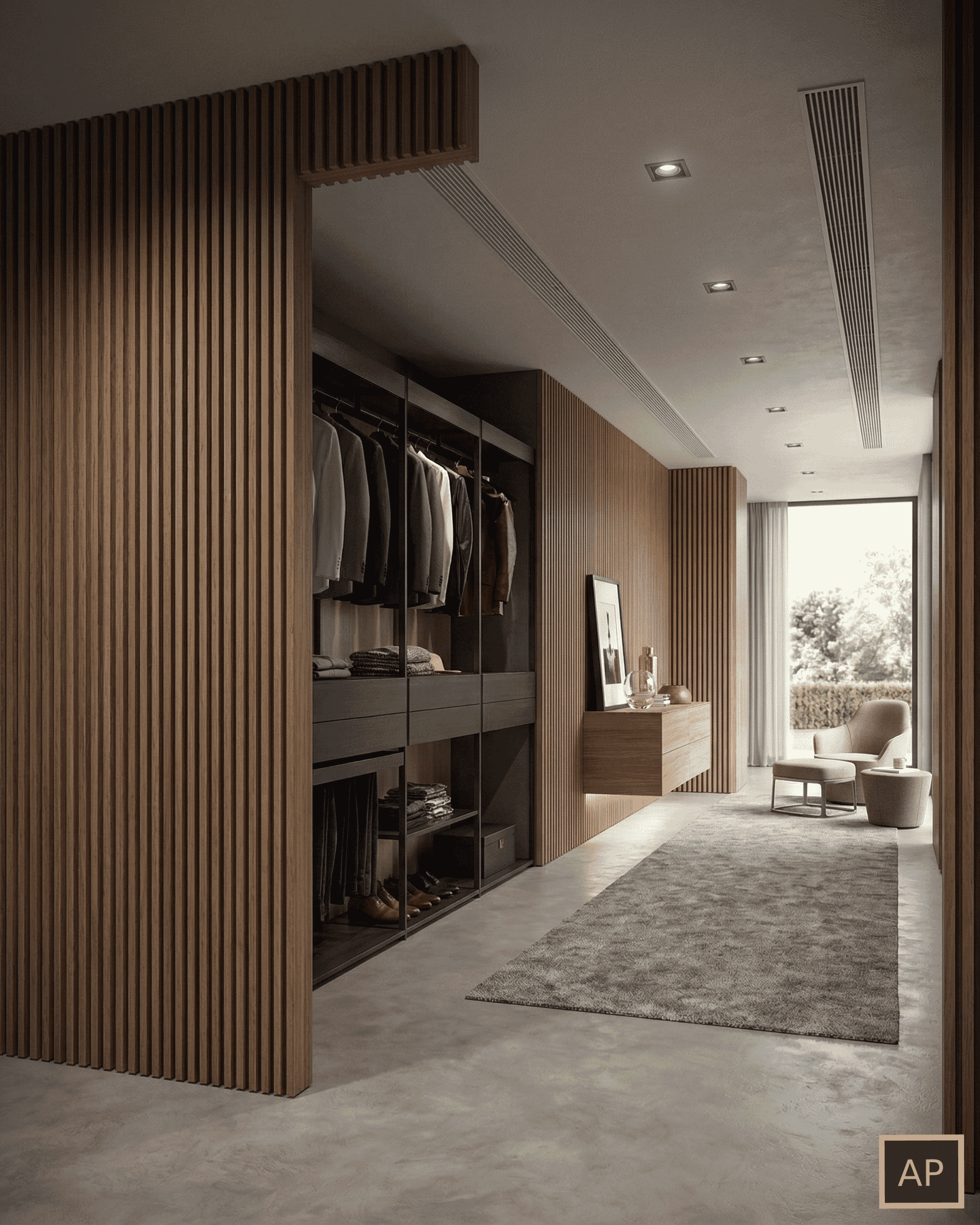 3D Visualisierung luxuriöser begehbarer Kleiderschrank - Ankleide Rendering Schweiz