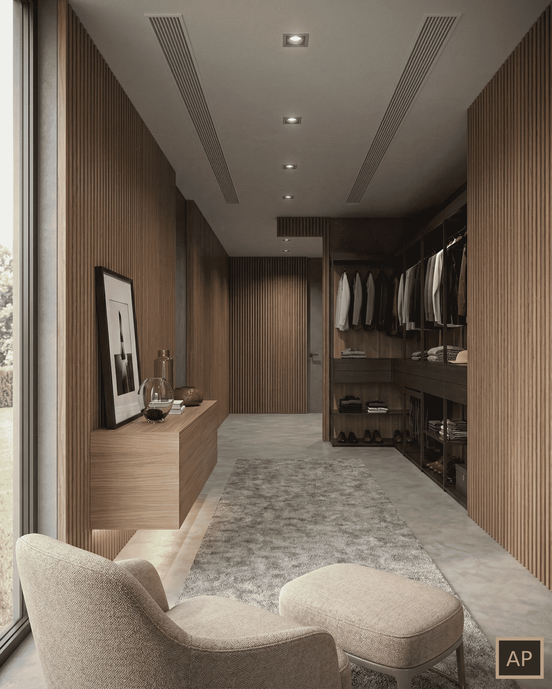 3D Innenvisualisierung Designer Walk-in Closet - Begehbarer Kleiderschrank Rendering
