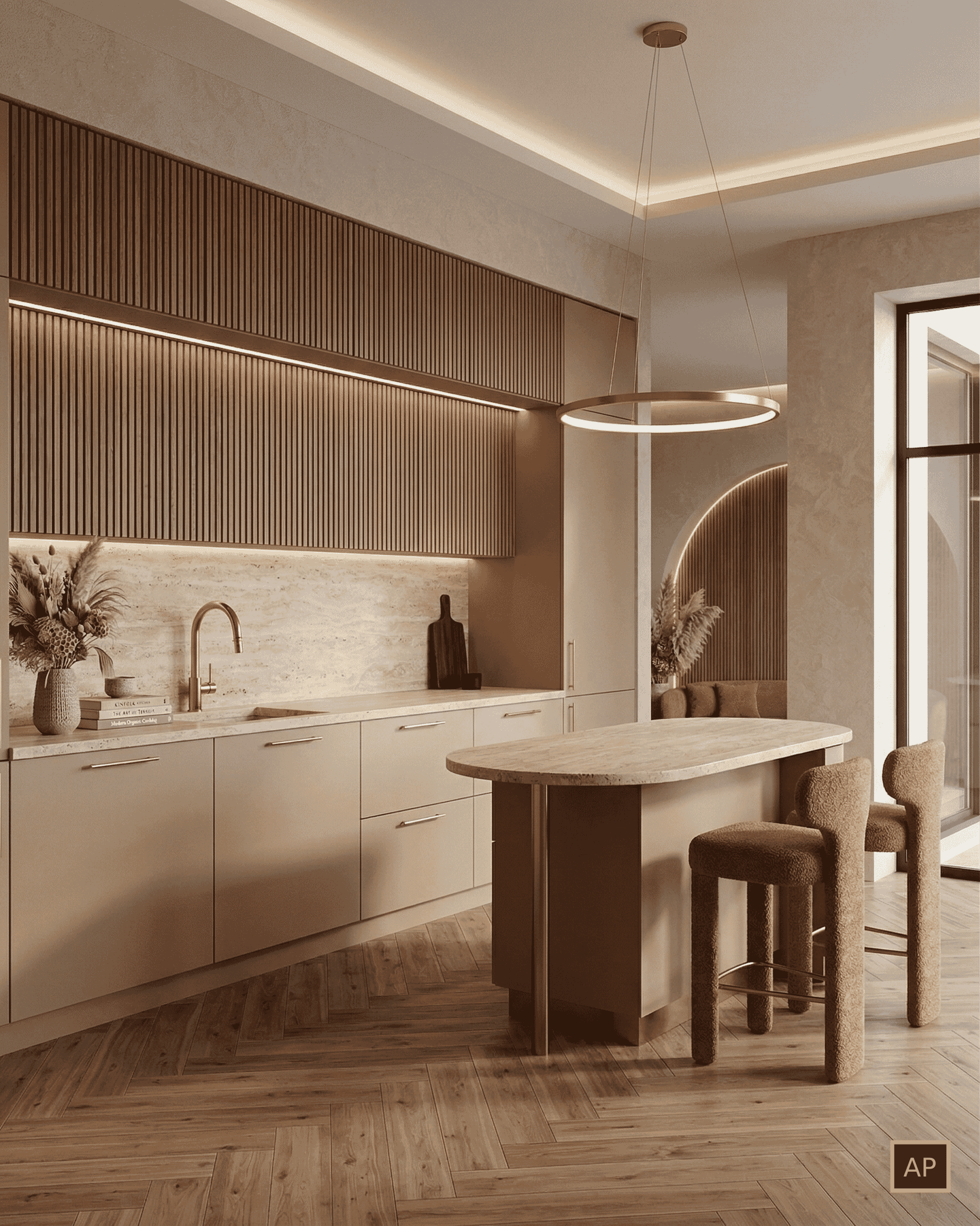 3D Küchenvisualisierung moderne Küche braune Töne