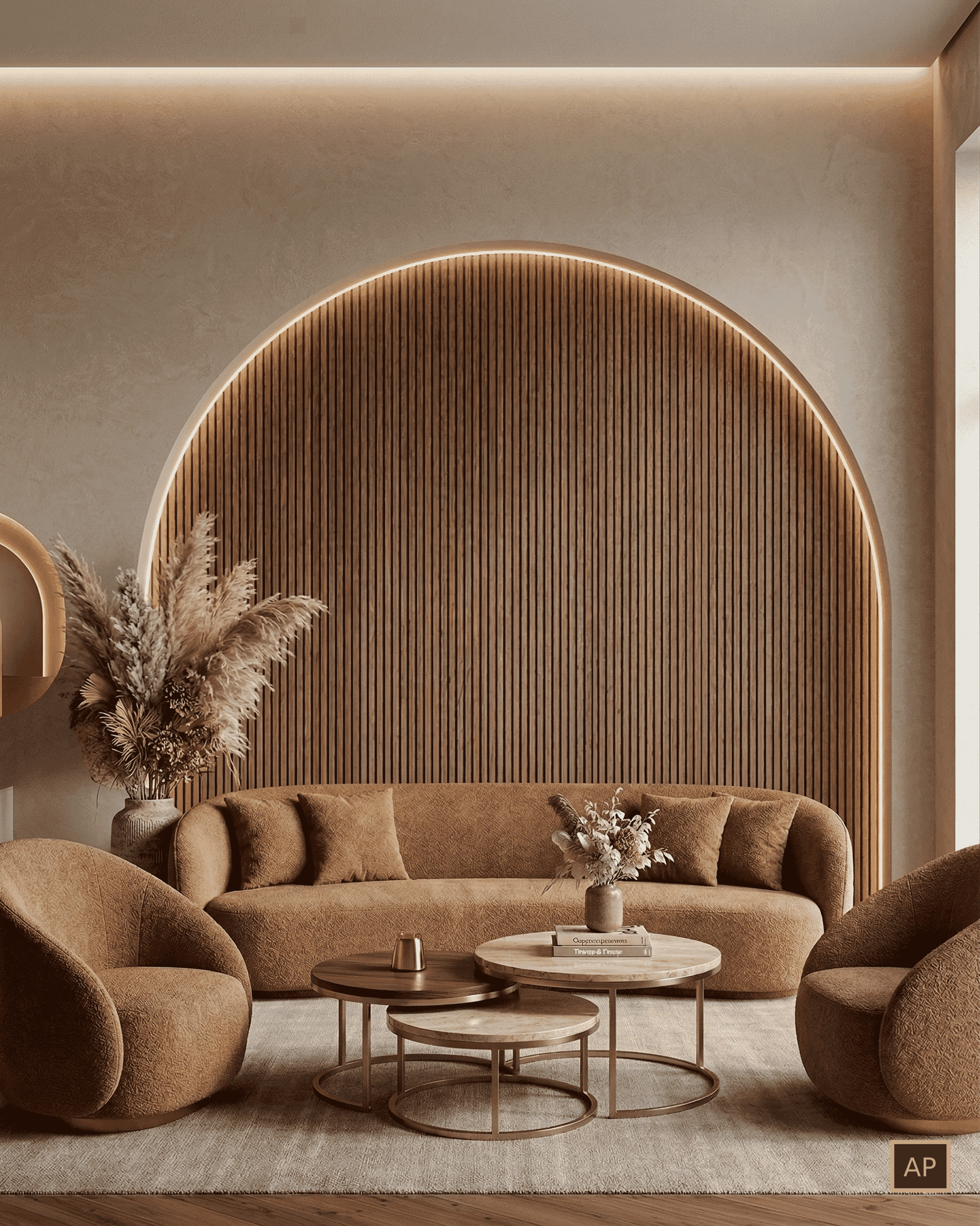 3D Innenvisualisierung Wohnbereich braune Töne - Interior Rendering