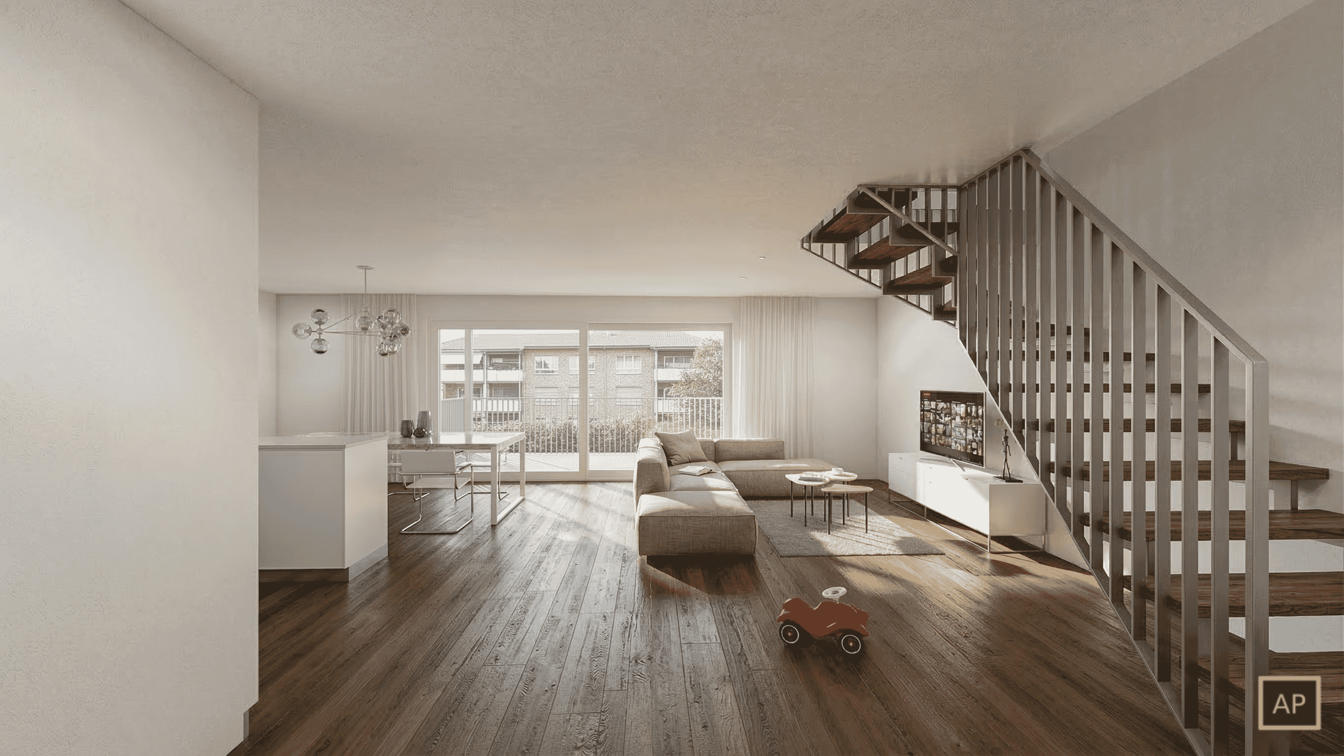 3D Interior Rendering offener Wohnbereich mit Küche Zürich